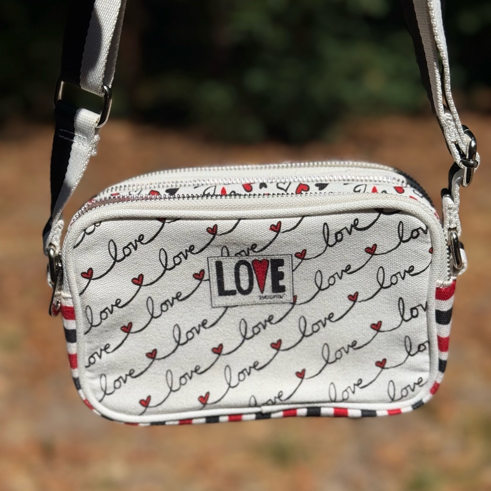 Brighton Love Print Crossbody Bag - White with  Black and Red Accents